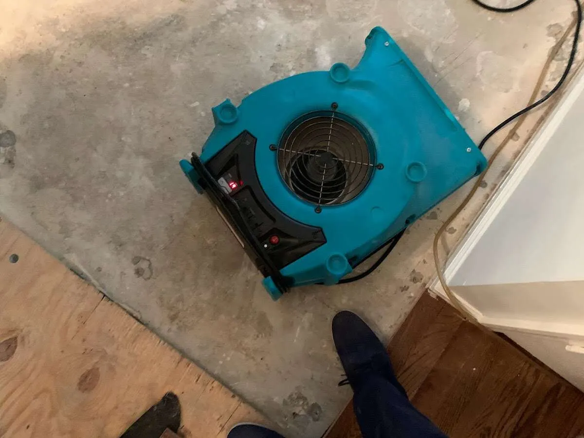 Air mover drying subfloor during Commercial Water Damage Restoration in Ashland